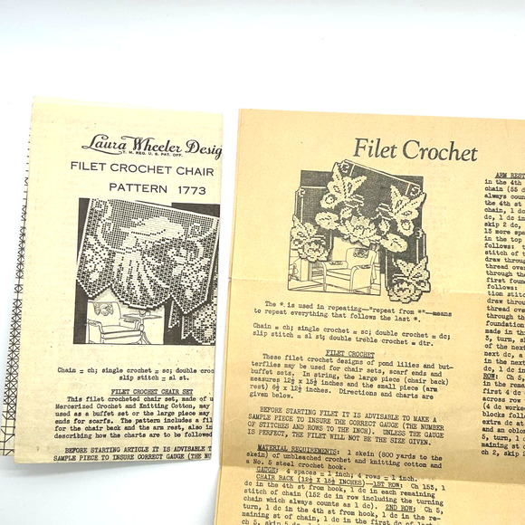 Laura Wheeler Vintage Pattern #5472 & #1773 Filet Crochet Chair Set Flowers Bird - Picture 1 of 3